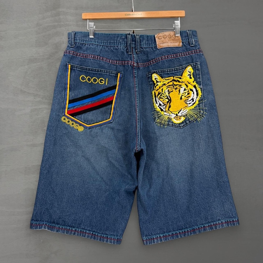 Y2K Coogi Denim Shorts Baggy Blue Tiger Embroidered Streetwear Size 36